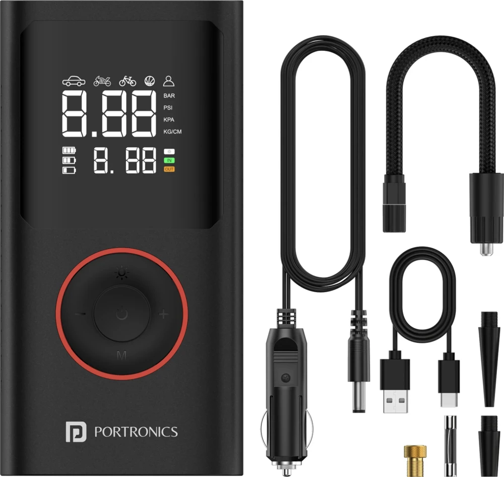 Portronics Vayu 150 PSI Tyre Air Pump for Car & Bike with Auto Shut-Off, Portable Digital Air Compressor, LED Display, Fast Inflation - (Black)