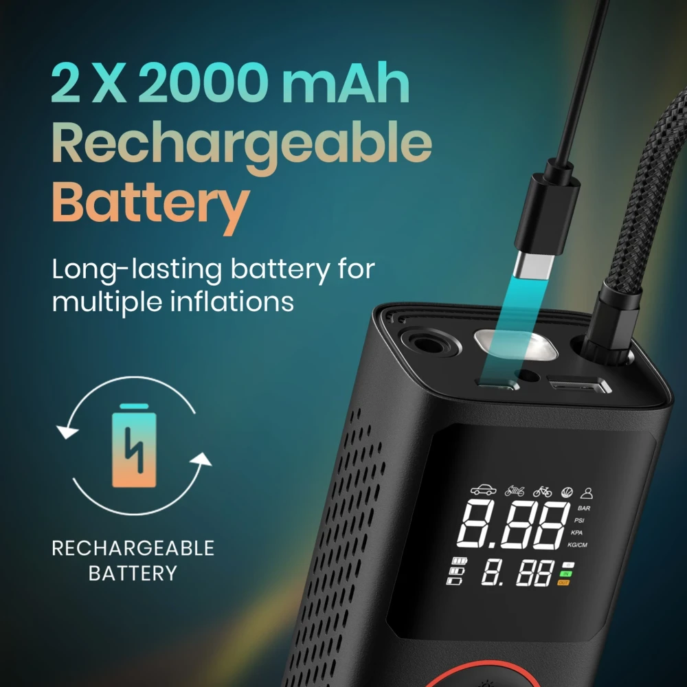 Portronics Vayu 150 PSI Tyre Air Pump for Car & Bike with Auto Shut-Off, Portable Digital Air Compressor, LED Display, Fast Inflation - (Black)