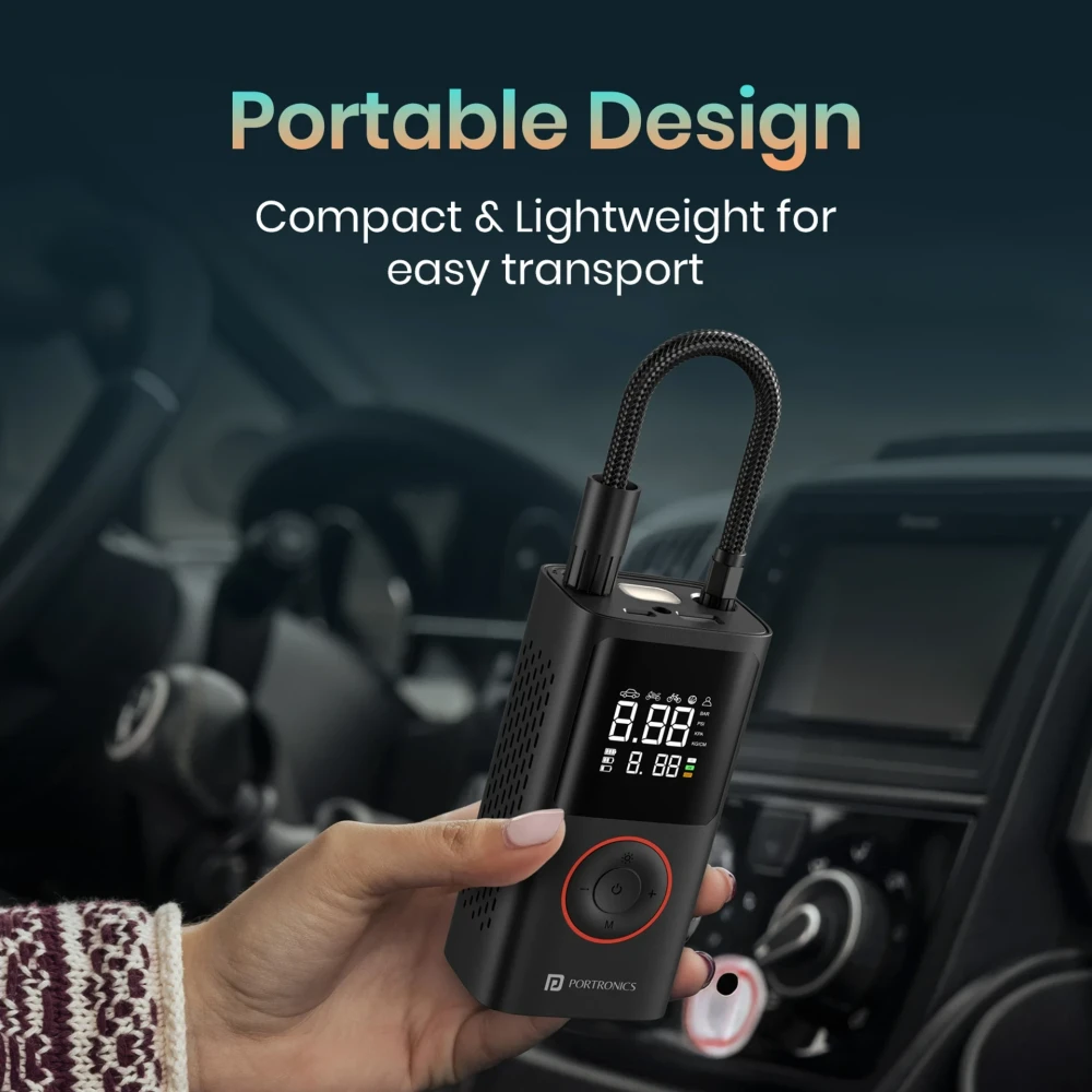 Portronics Vayu 150 PSI Tyre Air Pump for Car & Bike with Auto Shut-Off, Portable Digital Air Compressor, LED Display, Fast Inflation - (Black)