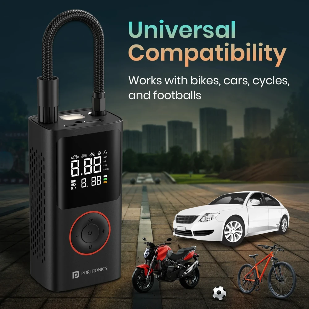 Portronics Vayu 150 PSI Tyre Air Pump for Car & Bike with Auto Shut-Off, Portable Digital Air Compressor, LED Display, Fast Inflation - (Black)