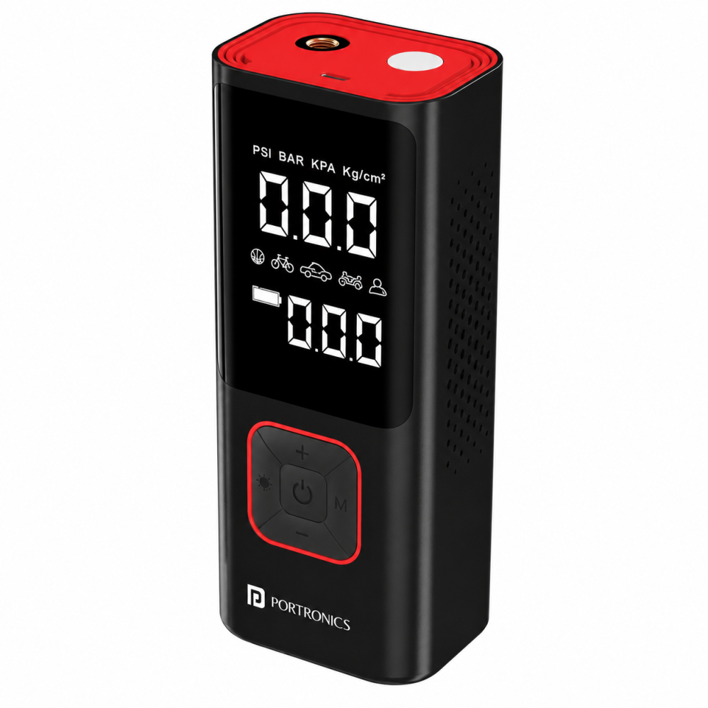 Portronics Vayu 2.0 Rechargeable 150 PSI Tyre Inflator Air Pump with 6000mAh Battery, Digital Display, Preset Modes & LED Flashlight for Car, Bike & Cycle - (Black)