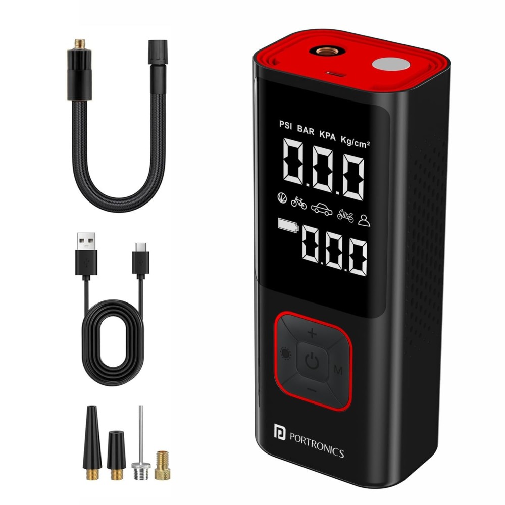 Portronics Vayu 2.0 Rechargeable 150 PSI Tyre Inflator Air Pump with 6000mAh Battery, Digital Display, Preset Modes & LED Flashlight for Car, Bike & Cycle - (Black)