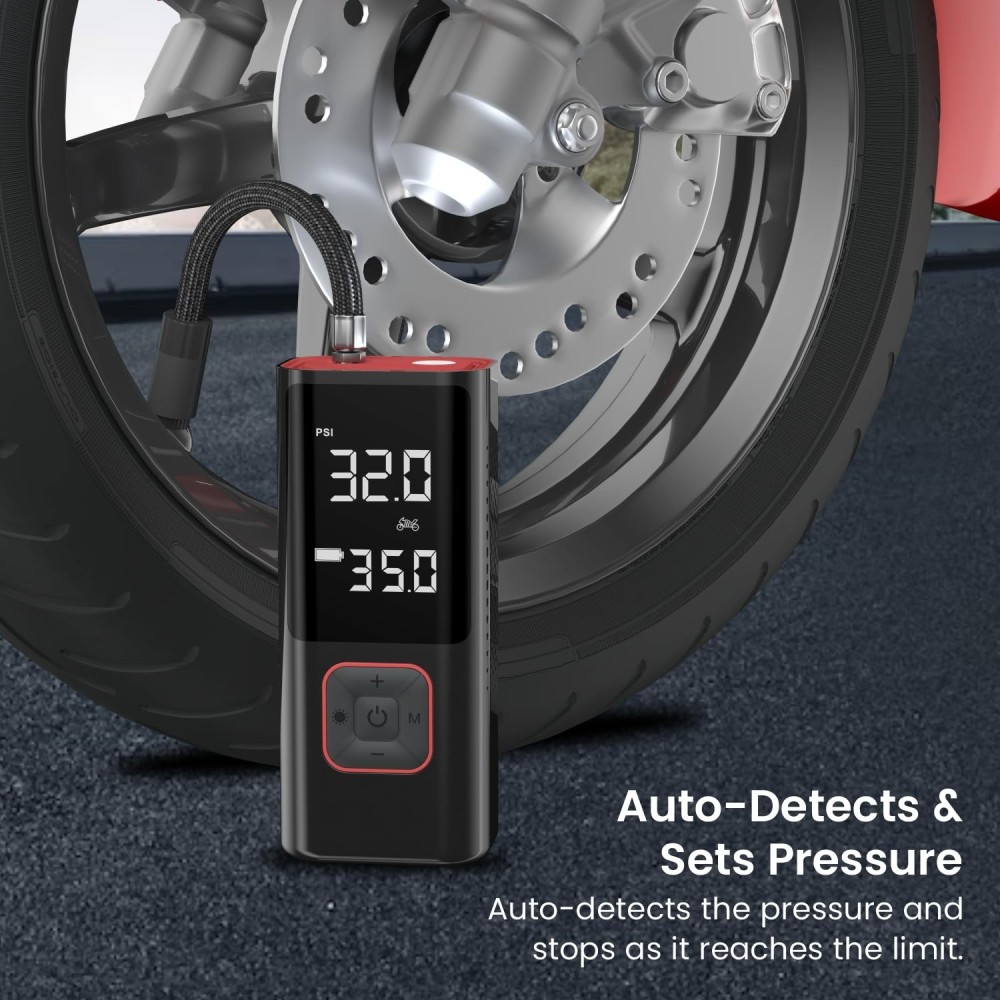 Portronics Vayu 2.0 Rechargeable 150 PSI Tyre Inflator Air Pump with 6000mAh Battery, Digital Display, Preset Modes & LED Flashlight for Car, Bike & Cycle - (Black)