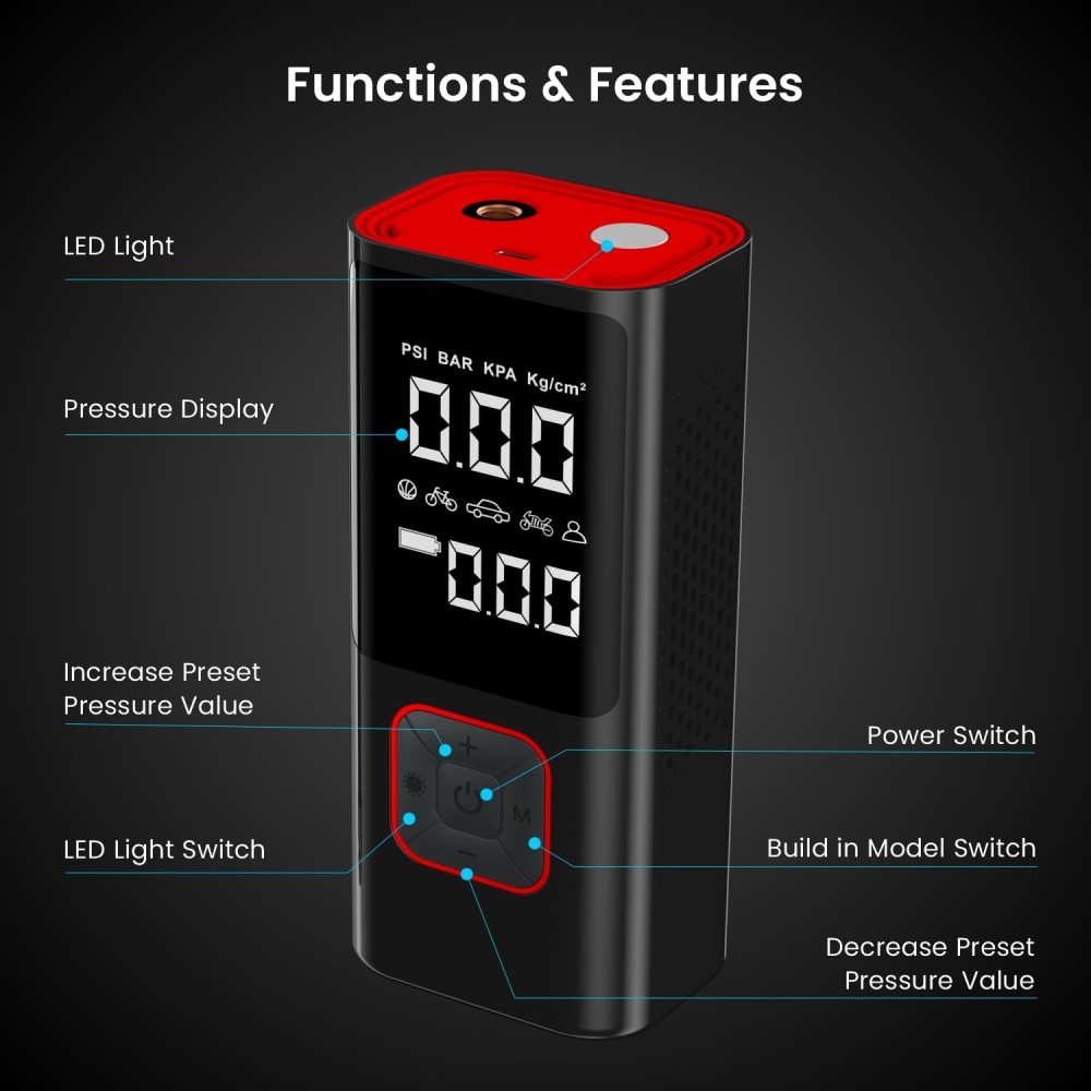 Portronics Vayu 2.0 Rechargeable 150 PSI Tyre Inflator Air Pump with 6000mAh Battery, Digital Display, Preset Modes & LED Flashlight for Car, Bike & Cycle - (Black)