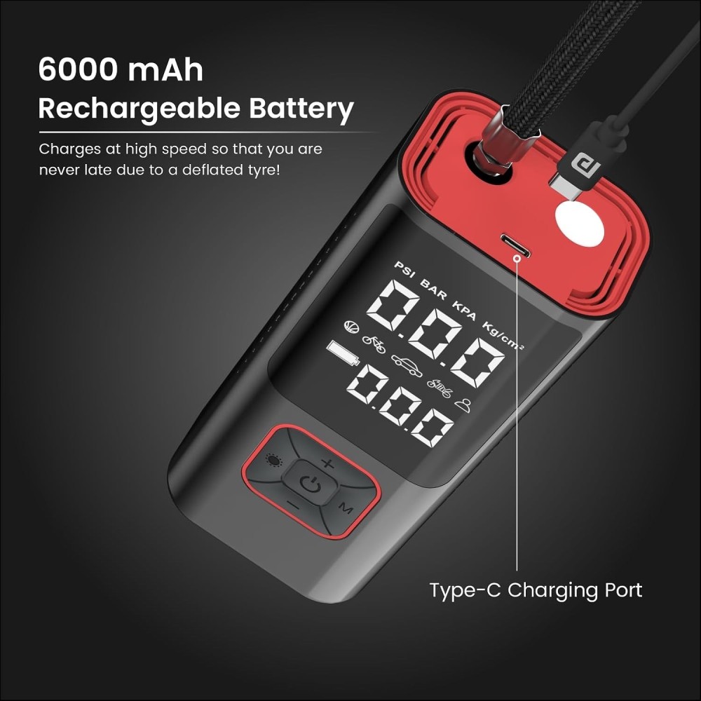Portronics Vayu 2.0 Rechargeable 150 PSI Tyre Inflator Air Pump with 6000mAh Battery, Digital Display, Preset Modes & LED Flashlight for Car, Bike & Cycle - (Black)