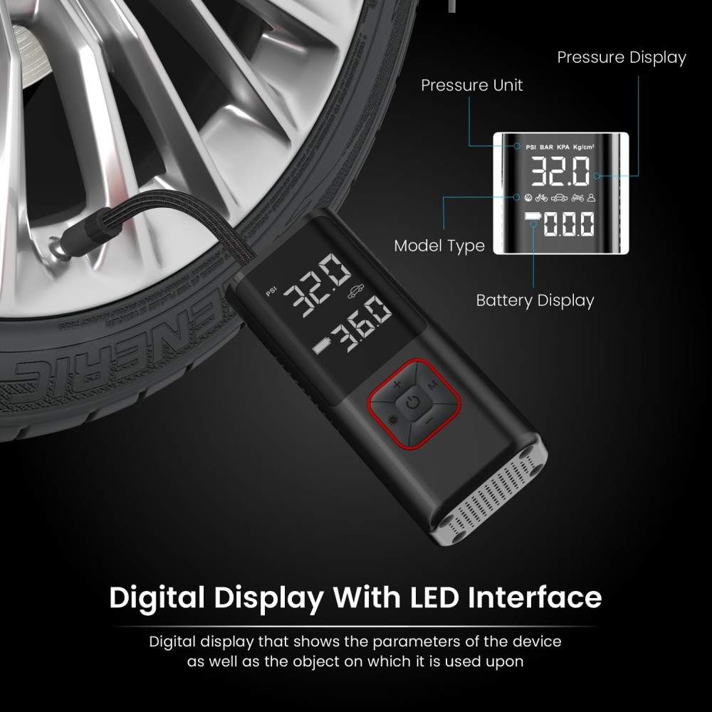 Portronics Vayu 2.0 Rechargeable 150 PSI Tyre Inflator Air Pump with 6000mAh Battery, Digital Display, Preset Modes & LED Flashlight for Car, Bike & Cycle - (Black)