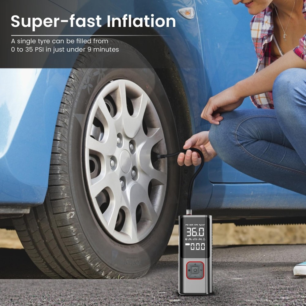Portronics Vayu 2.0 Rechargeable 150 PSI Tyre Inflator Air Pump with 6000mAh Battery, Digital Display, Preset Modes & LED Flashlight for Car, Bike & Cycle - (Black)