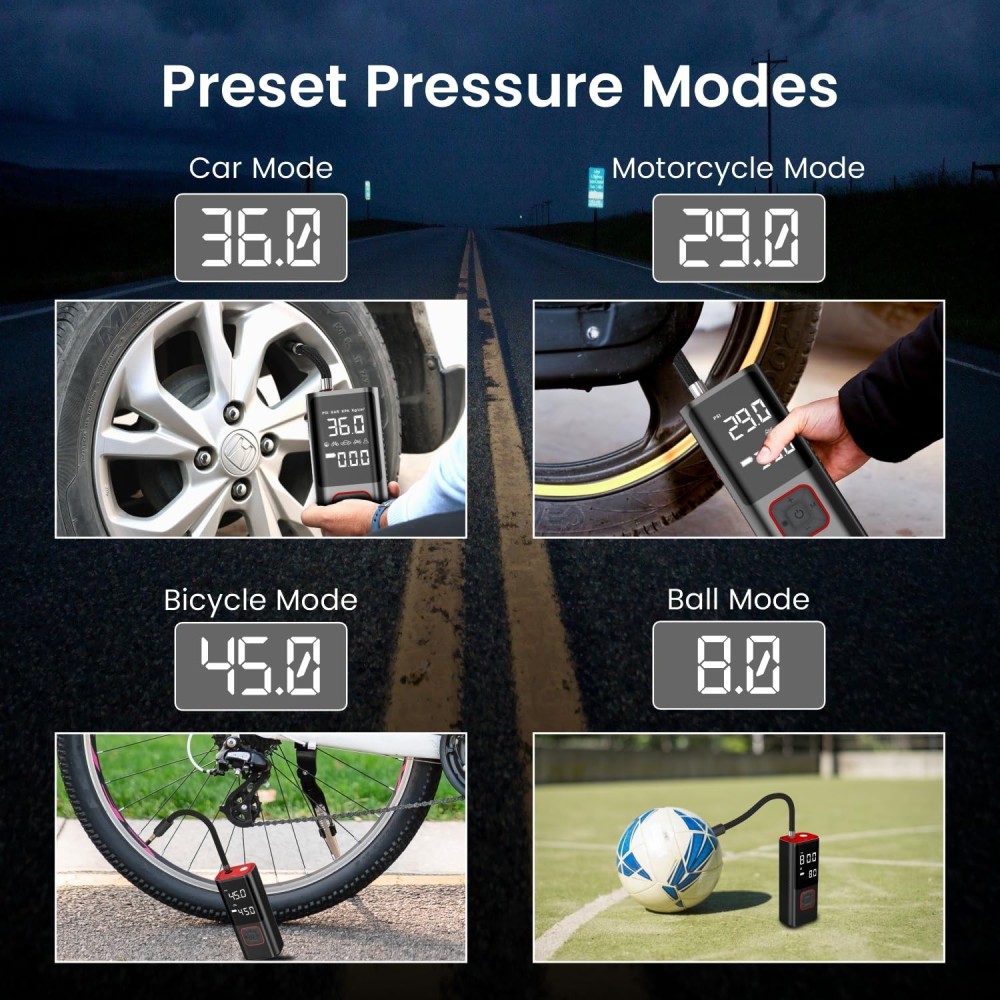 Portronics Vayu 2.0 Rechargeable 150 PSI Tyre Inflator Air Pump with 6000mAh Battery, Digital Display, Preset Modes & LED Flashlight for Car, Bike & Cycle - (Black)